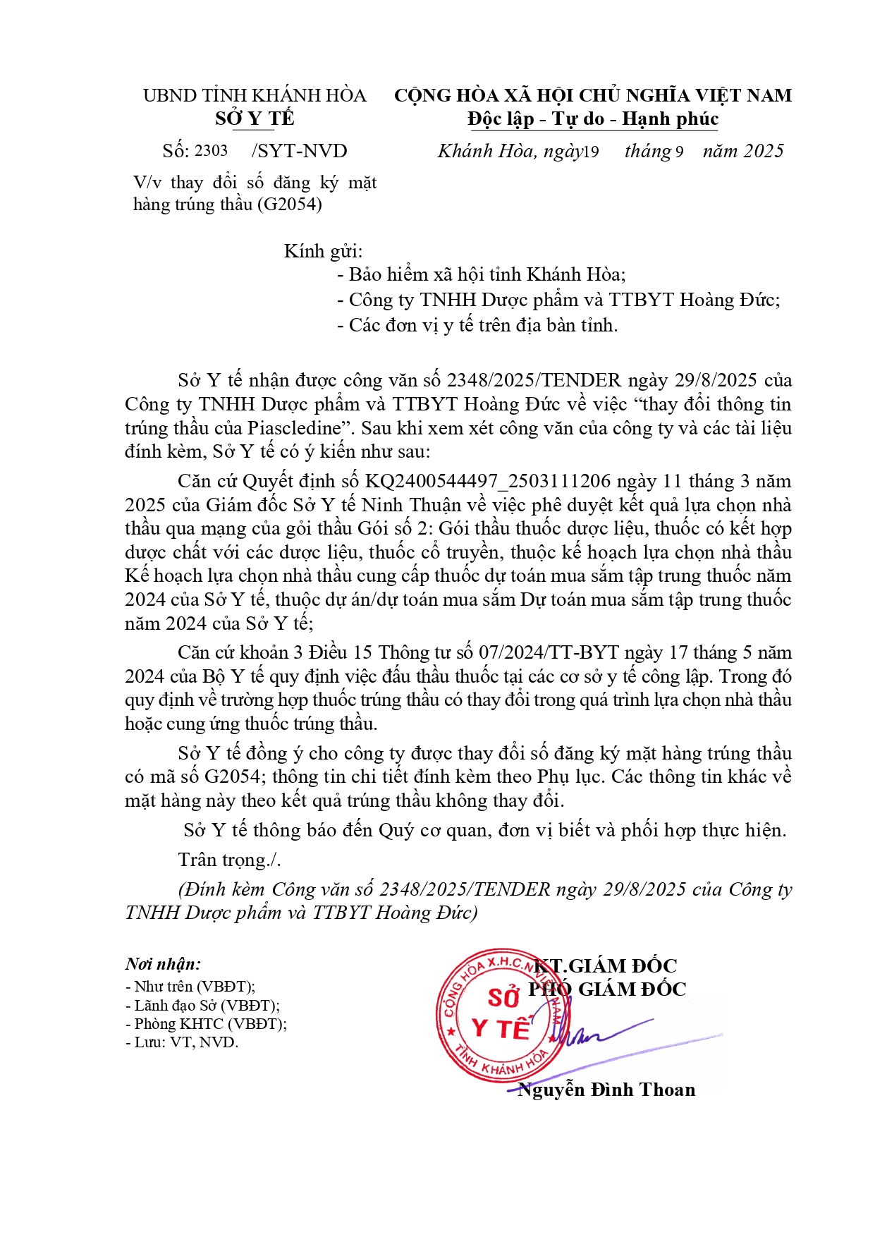 V/v thay đổi số đăng ký mặt hàng trúng thầu (G2054)